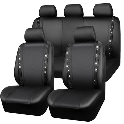CAR PASS Leather Bling Diamond Car Seat Covers Full Set, Shining Rhinestone Waterproof Durable Rear with Zipper, Universal Fit Automotive Glitter Crystal Sparkle Strip for Cute Women Girly Black