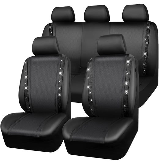 CAR PASS Leather Bling Diamond Car Seat Covers Full Set, Shining Rhinestone Waterproof Durable Rear with Zipper, Universal Fit Automotive Glitter Crystal Sparkle Strip for Cute Women Girly Black