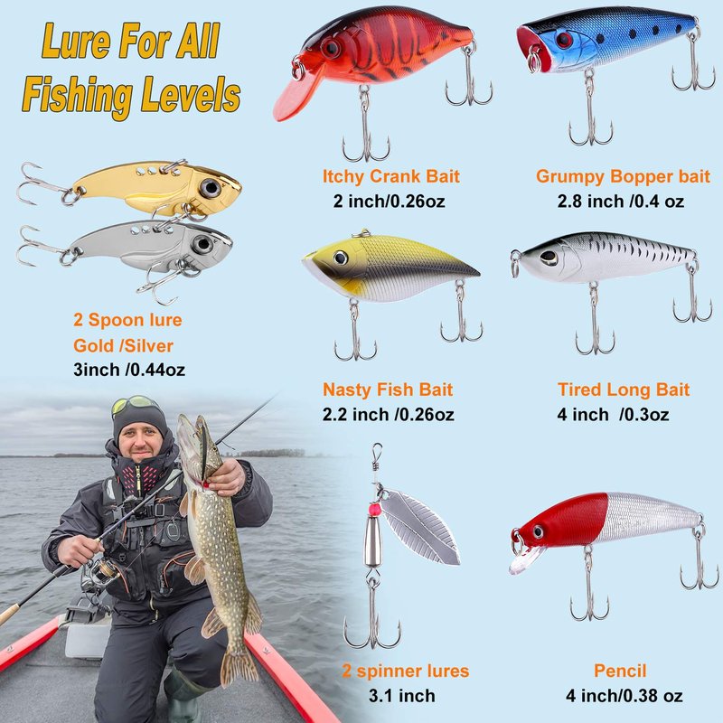 PLUSINNO 210pcs Fishing Lures Fishing Tackle Box Fishing Gifts for Men, Bass, Trout Fishing Accessories Kit for Saltwater & Freshwater Fishing Gear Including Topwater Lures, Hooks, Spinnerbaits
