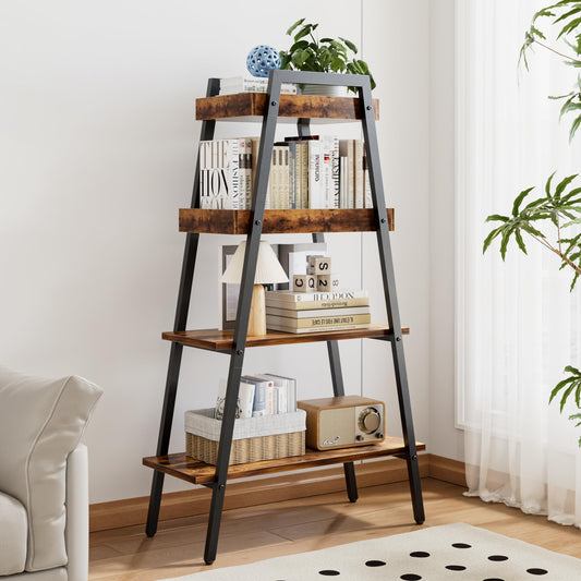 VECELO Book Shelf, 4 Tier Wooden Ladder Bookcase with Metal Frame, Enclosed Edges Combined with Open Display, Decorative and Plant Stand for Living Room/Farmhouse/Bedroom/Home Office-Brown