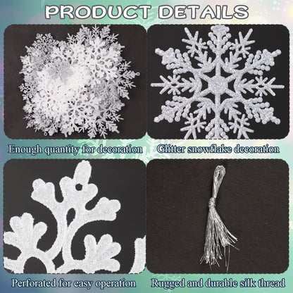White and Silver Christmas Snowflake Ornaments- 36Pcs Plastic Glitter Hanging Snow Flakes for Christmas Tree Decorations Winter Wonderland Frozen Birthday Party Holiday Home Decor Craft Snowflakes