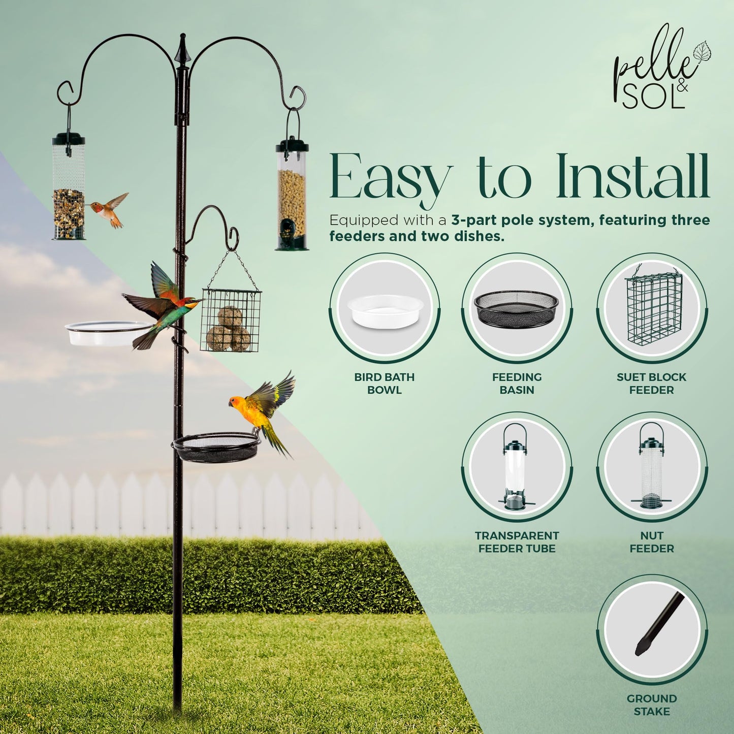 Pelle & Sol Bird Feeder with 3 Bird Feeders & 2 Dishes | Bird Feeders Hanging Station, Bird Feeding Stations for the Garden, Bird Feeders for Small Birds, Bird Feeder Station, Bird Feeding Station