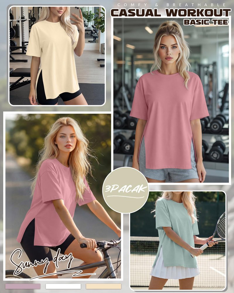 Huukeay 3 Pack Women's Oversized Gym T Shirts Short Sleeve Side Split Crewneck Tops Casual Summer Workout Baggy Basic Tee