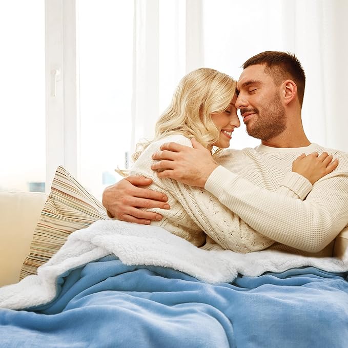 Bedsure GentleSoft Sherpa Fleece Blankets Queen Size for Bed - Thick and Warm Throw for Men, Soft Fuzzy Plush Queen Blanket for Winter, Washed Blue, 90x90 Inches