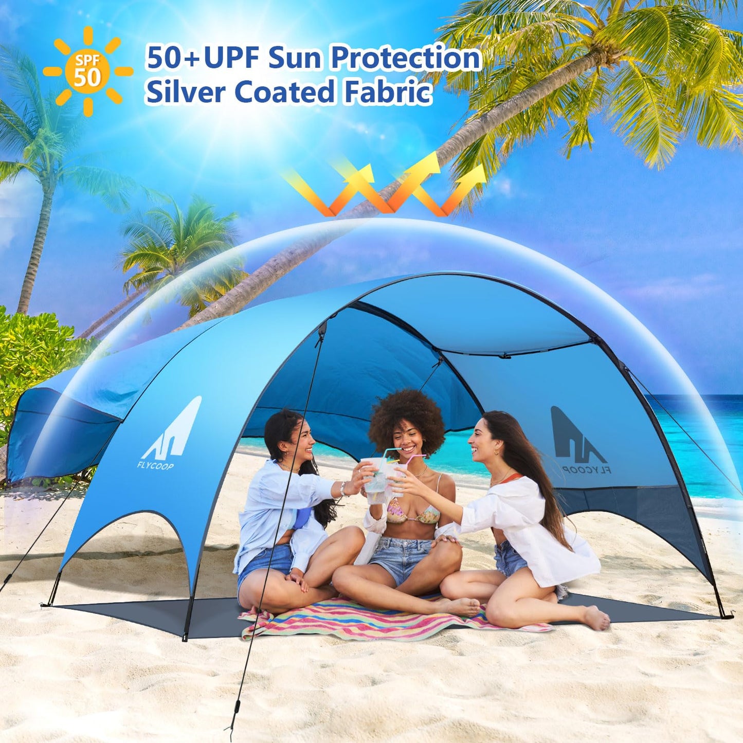 Beach Tent - Beach Shade Canopy Compact Fold (16.9x3.9″), Own Patent, 360° Ventilation, Large Side Storage Pocket, UV Protection Portable Sun Shelter for Beach (Blue, 106*65*61″ with 74.8*98.4″ sail)