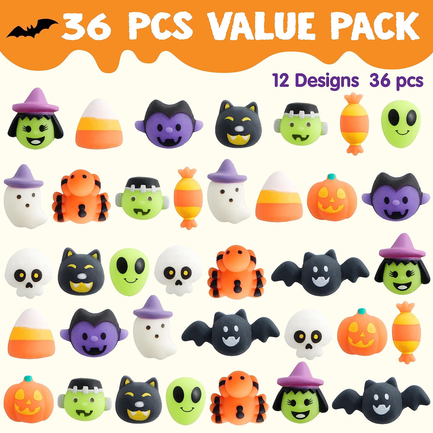 JOYIN 36 Pcs Halloween Mochi Squishy Toy in Blind Bags with 12 Characters for Stress Relief, Halloween Mystery Toy Surprise Bag for Kids Trick or Treating, Party Favors Supplies, Goodie Fillers