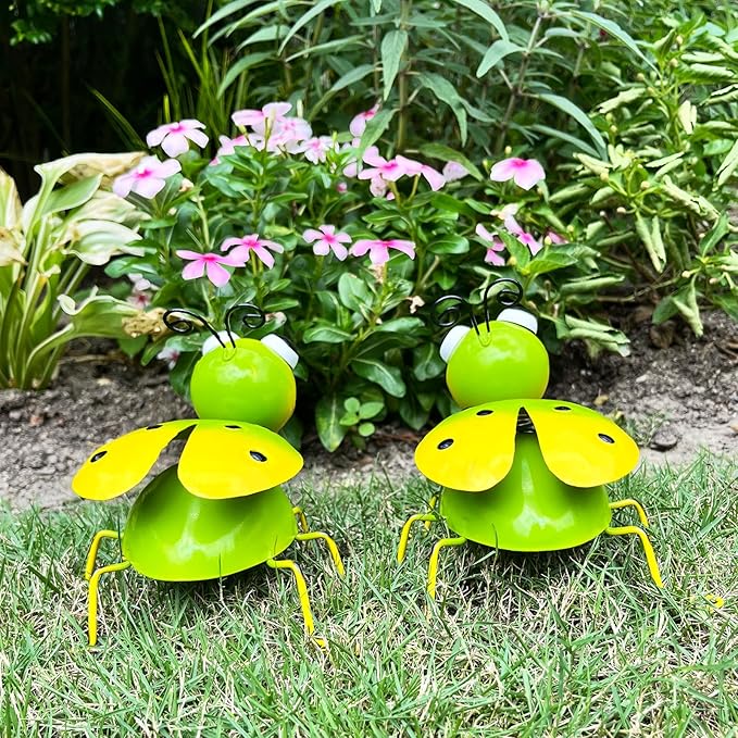 Metal Yard Art Garden Decor for Outside Cute Green Ladybugs Lawn Patio Ornaments Backyard Decorations Garden Gifts for Mom - Set of 2