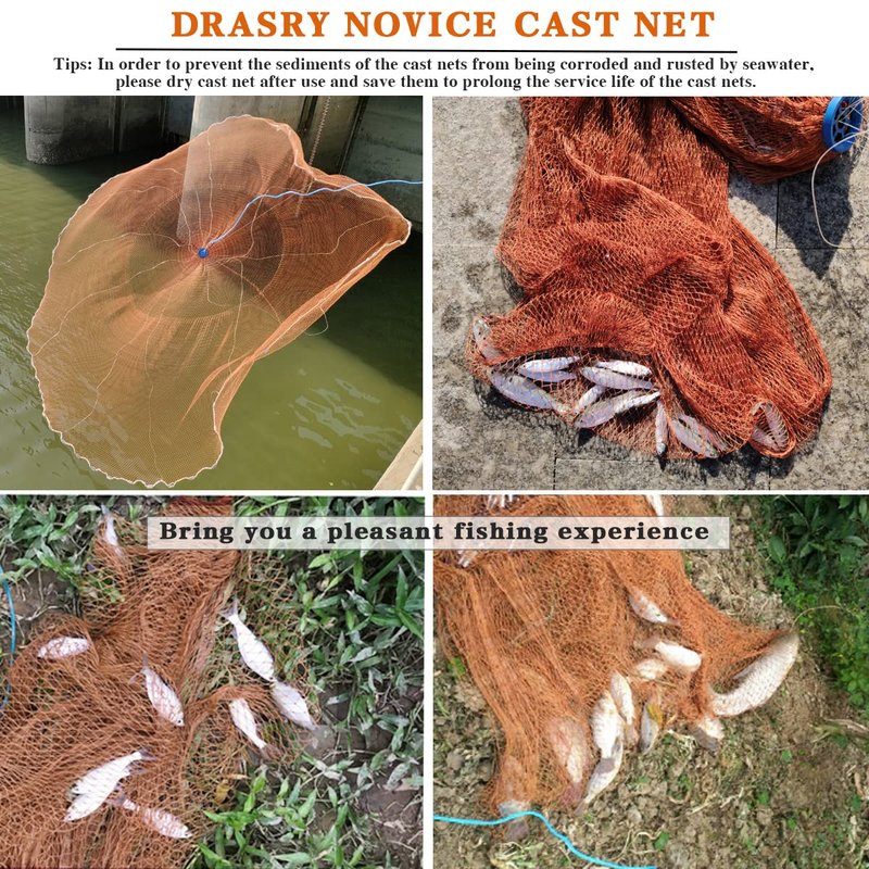 Drasry Saltwater American Fishing Cast Net 3/8inch Mesh Size for Bait Shrimp Trap Fish Heavy Duty Sinkers Throw Net 3FT to 12FT Radius Tire Lines 4FT Radius