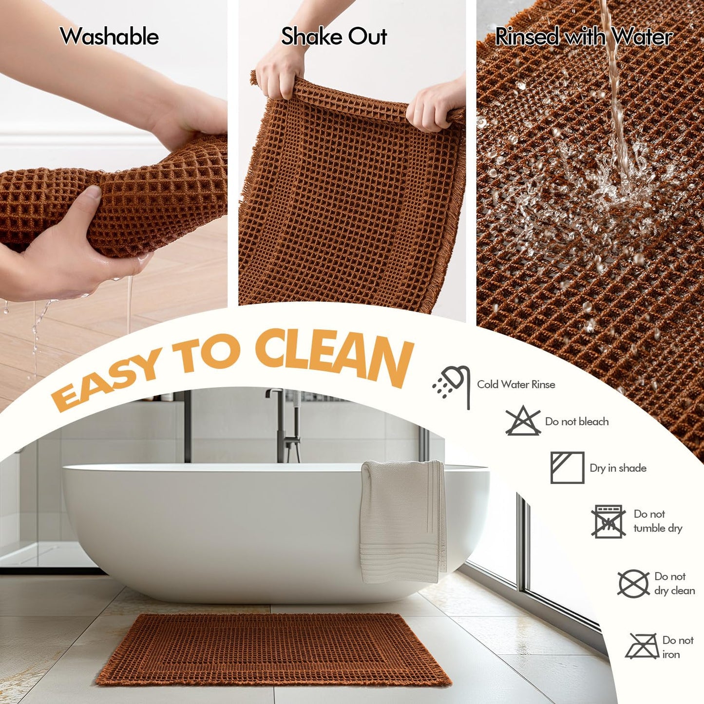MIULEE Set of 2 Waffle Bathroom Rugs, Terracotta Boho Bath Rug Super Absorbent, Non Slip Washable Ultra Soft Rubber Backed Shower Bath Mats for Floor, Tub, Shower, Looped Design, Caramel, 18x30 Inch