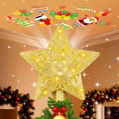 Christmas Tree Topper with Built-in 360° LED Rotating Projector, 3D Hollow Sparkling Gold Star, 3m Plug in Christmas Tree Top Decorations, Indoor Office Party Holiday Home Xmas Treetop Cool Ornament