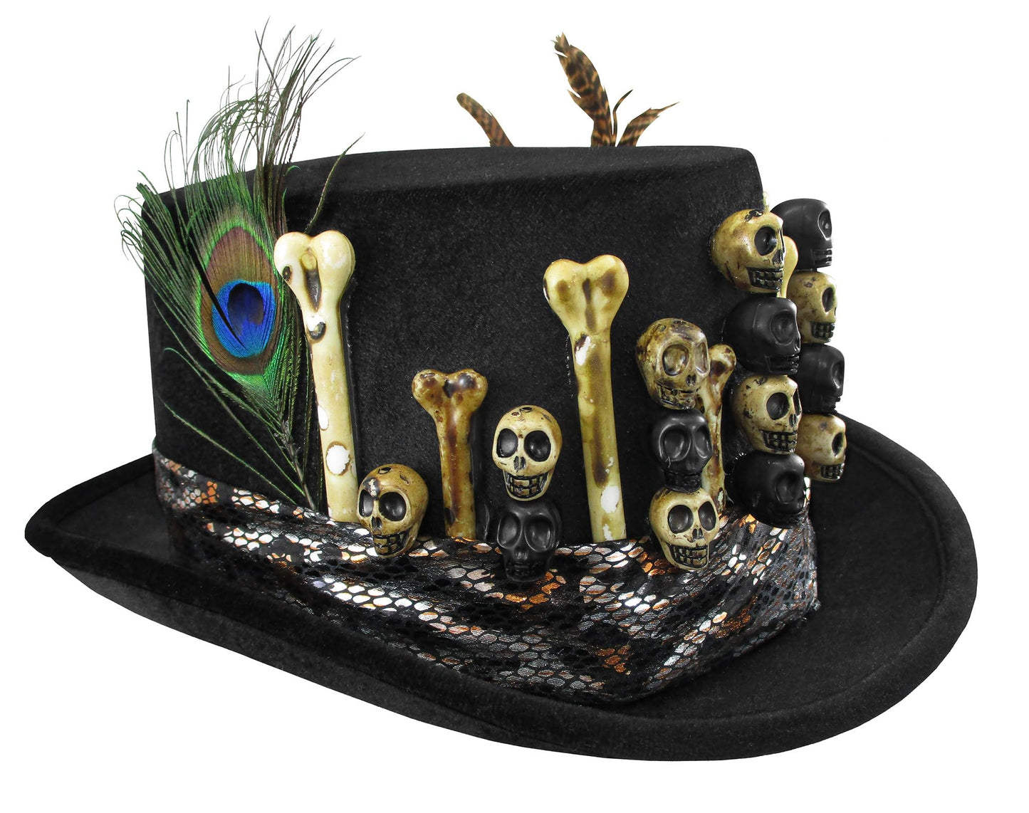 Nicky Bigs Novelties Deluxe Voodoo Top Hat – Gothic Costume Voodoo Hat with Skulls, Bones & Feathers – Mens Witch Hat for Halloween, Witch Doctor, Mardi Gras, and Themed Party Outfits