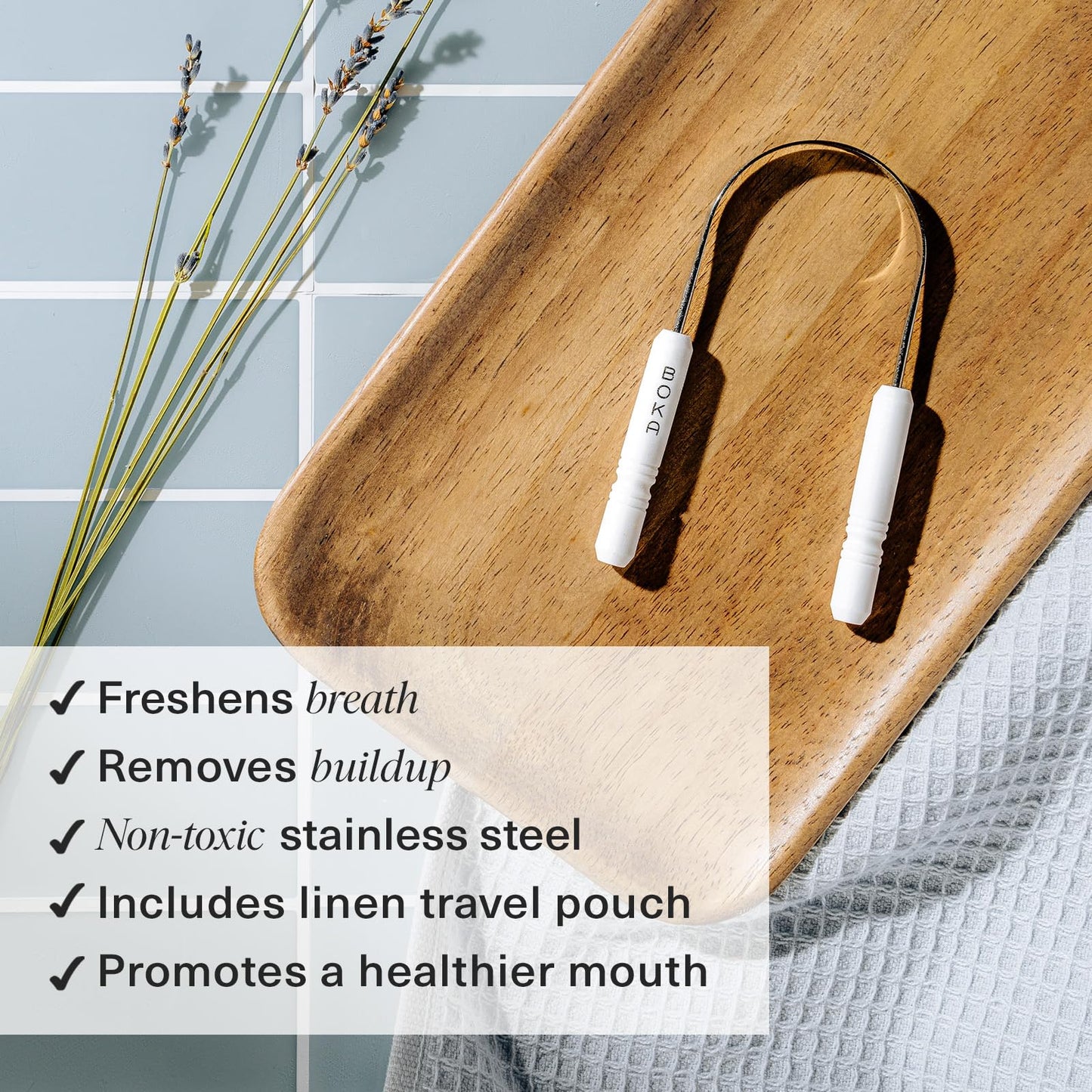 Boka Tongue Scraper for Adults & Kids with Case - Stainless Steel Tongue Cleaner w/Linen Travel Pouch - Scrubber to Remove Tongue Buildup and Freshens Breath (Pack of 1)