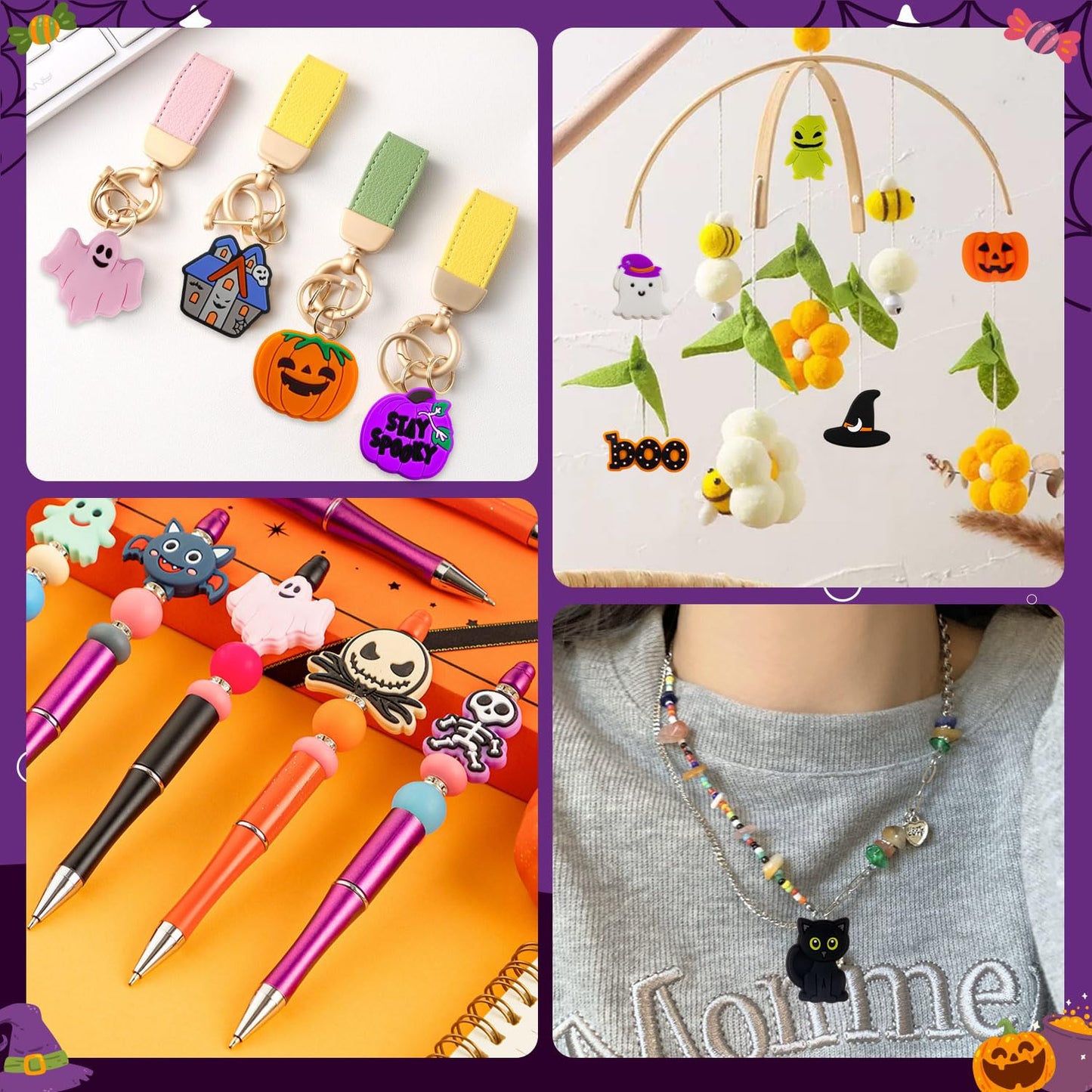 FFNIU 15Pcs Halloween Silicone Beads for Pen, Pumpkin Ghost Focal Beads for Making Keychain Necklace Bracelet Handmade Crafts