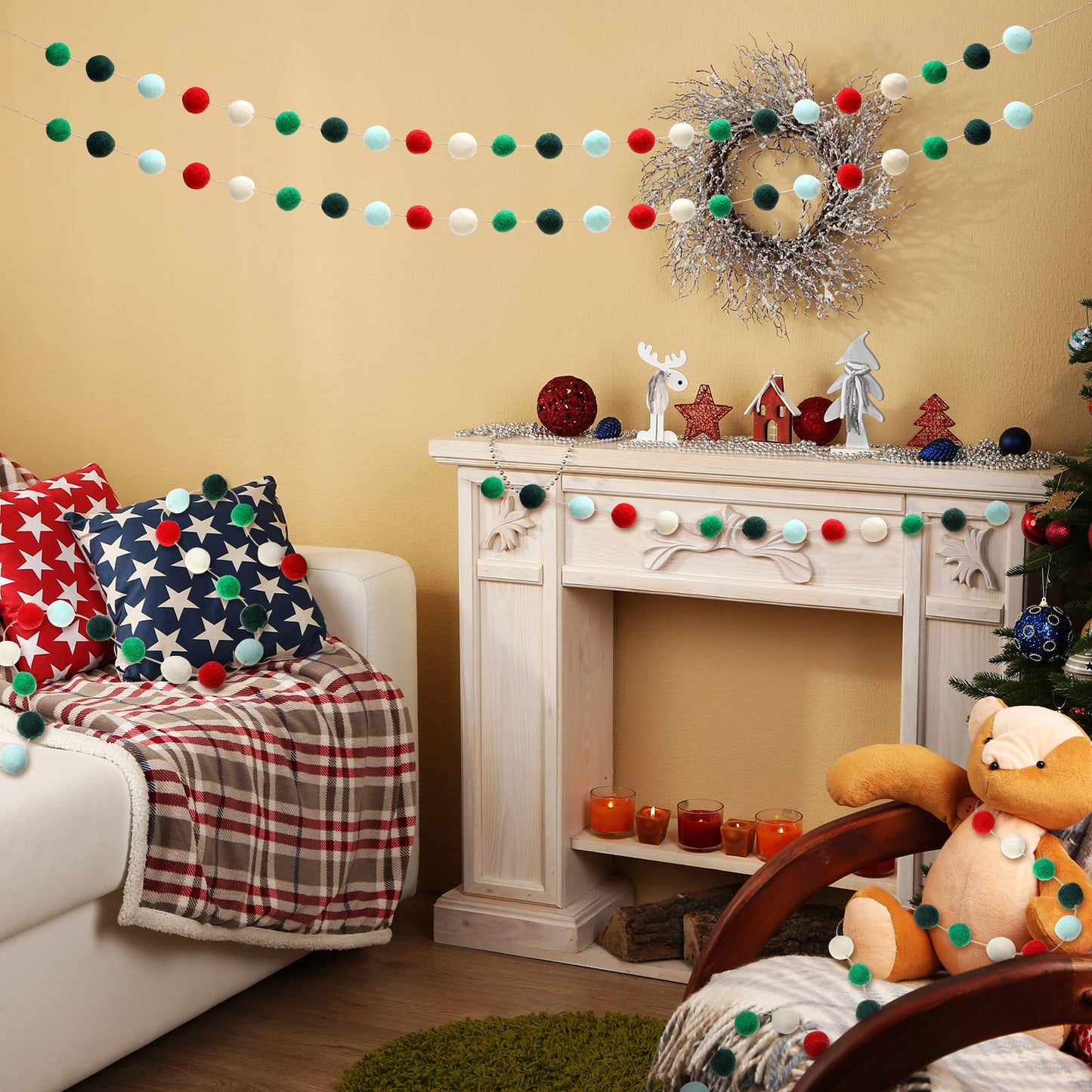 3 Pieces Christmas Felt Balls Garland Wool Pom Pom Garland Banner for Christmas Party Holiday Decoration(Red, White, Green, Lake Green, Dark Green)