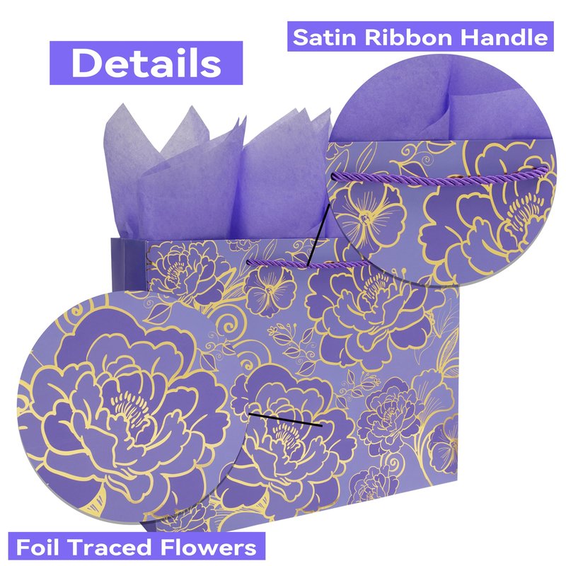 Qirrmiy 13" Large Rose Purple Gift Bag Set with Greeting Card and Tissue Paper for Women or Girls for Celebrating Birthdays, Mother's Day, Valentine's Day, Weddings, Anniversaries