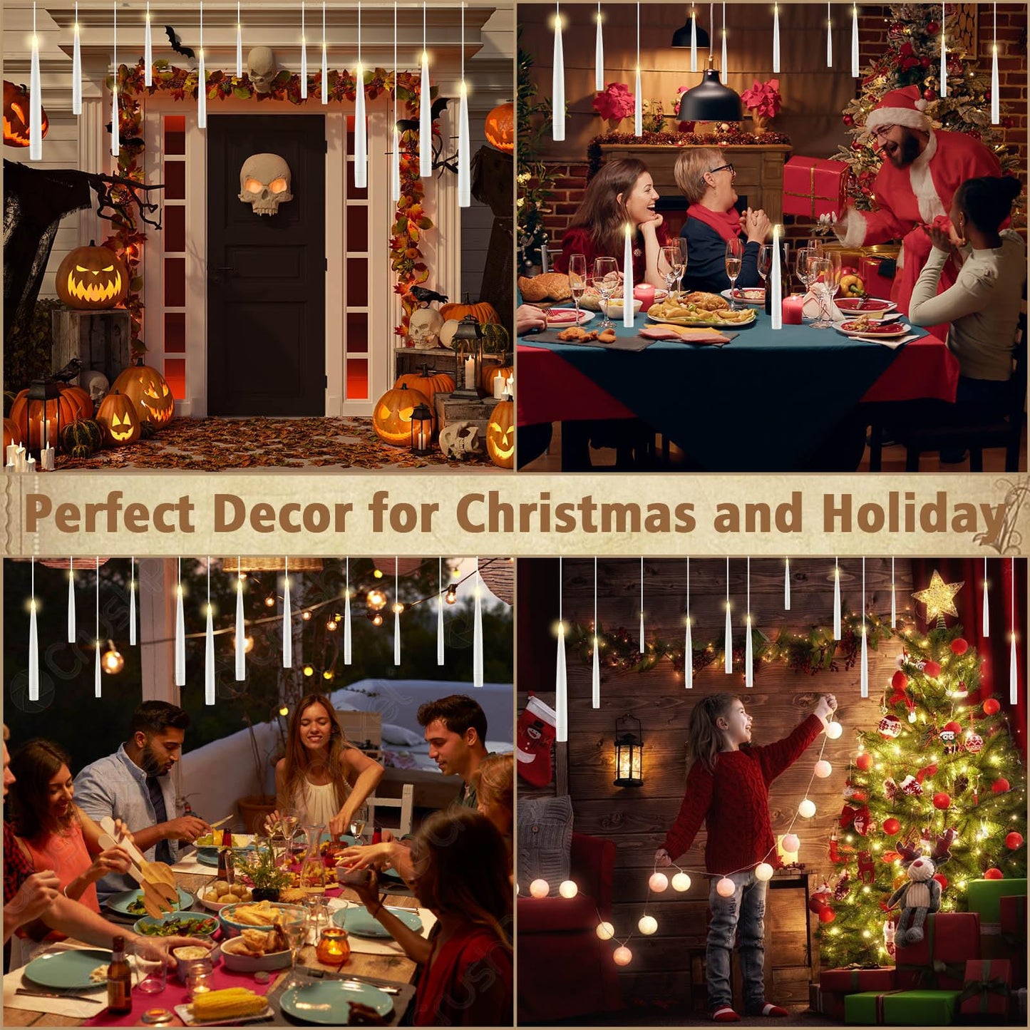 JOSU Floating Candles with Wand Remote, 12 Pcs Halloween Decor Magic Hanging Candles, Flickering Flameless LED Taper Candle Battery Operated for Christmas Window Party Home Decorations - White