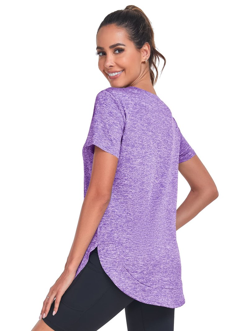 Absttith Short Sleeve Workout Tops for Women Athletic Casual Shirts Quick Dry Gym Soprt Tee Side Split Purple Large