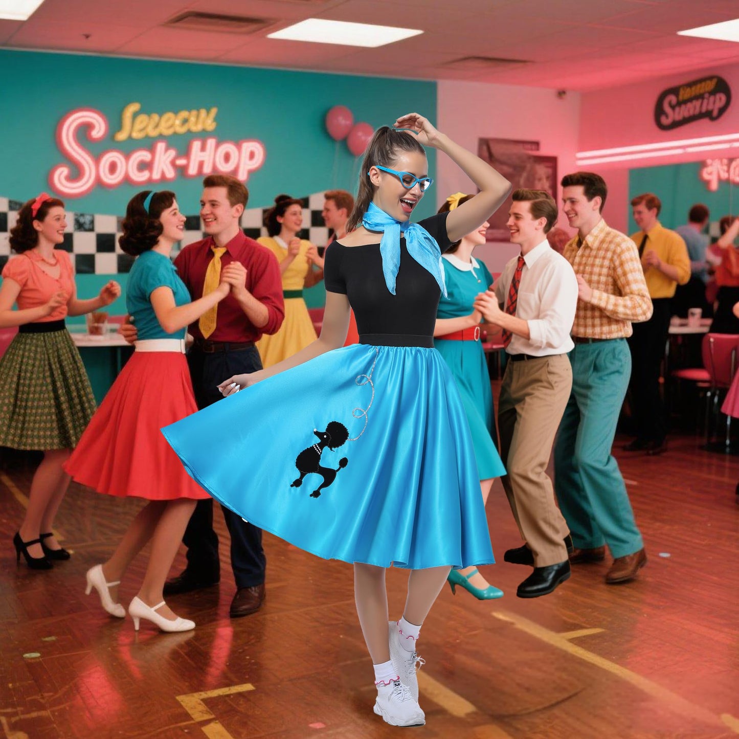 Rabtero Women Sock Hop Costume, Adult 1950s Poodle Dress Costume, 50's Poodle Skirt with Glasses, Scarf and Socks for Women 2-10, S/M, Blue