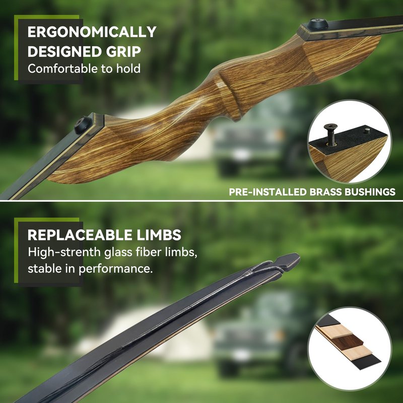 Black Hunter Longbow and Arrow Set, GLURAK 62'' Traditional Wooden Takedown Longbows Package, Archery Bow Kit for Target Practice and Hunting, Right Hand, 25-55 Lbs