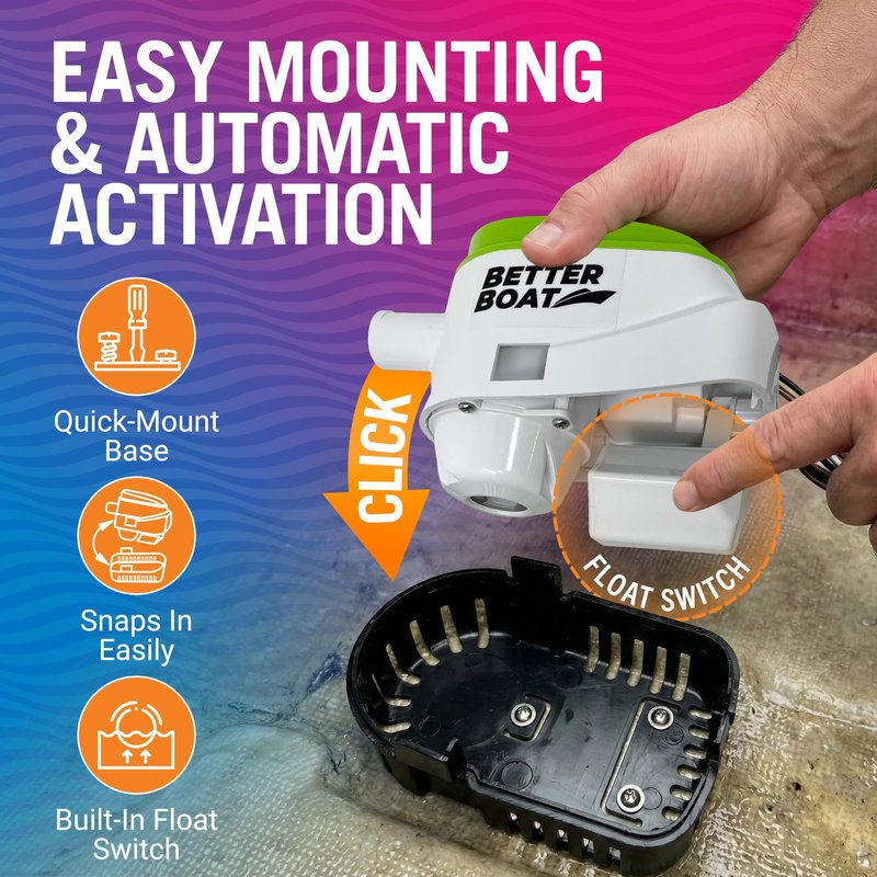 Automatic Bilge Pump 750 GPH 12V with Built-In Float Switch, 3/4 Inch Outlet, 5-Year Warranty, Submersible for Bass Boats, Jon Boats - Better Boat