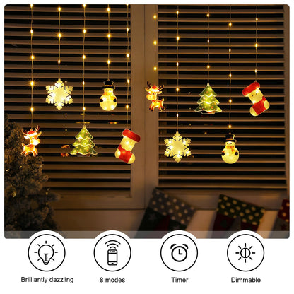 BLOOMWIN Window Lights Christmas Decor - 9.8ft LED Xmas Window Lights Indoor Curtain String Lights - 3D Hanging Christmas Novelty Decorations Bay Window Bedroom Snowflakes Snowman