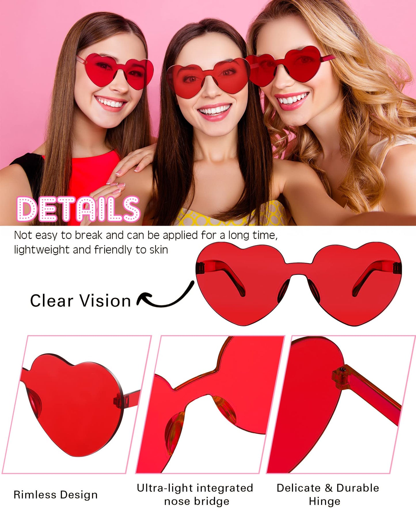 Photect 12 Pair Heart Shaped Sunglasses for Women Neon Color Transparent Heart Glasses Halloween Party Favor(Red)