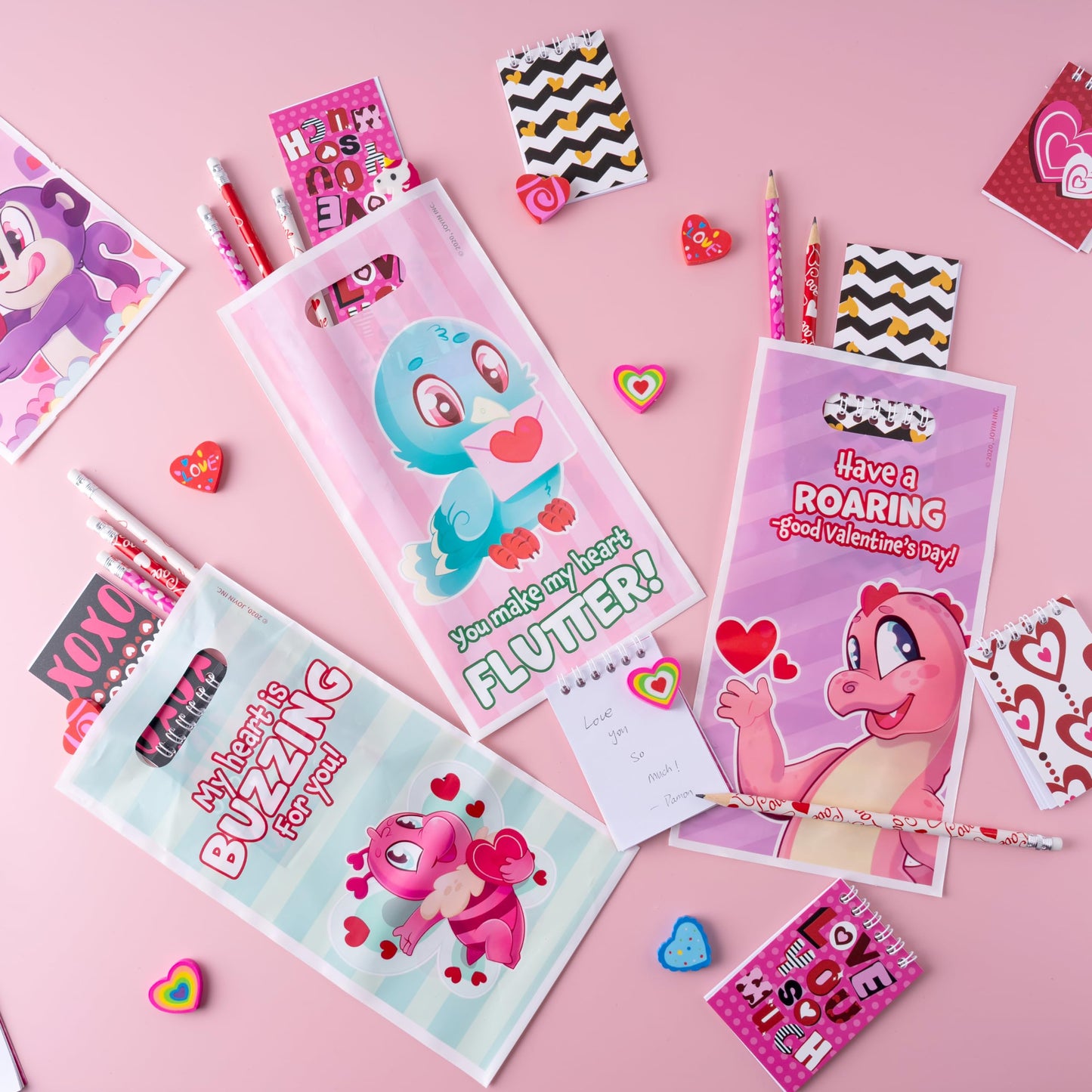 JOYIN 24packs Valentines Day Stationery Gifts, 96pcs Party Favor with Pencil, Erasers, Notebook & Bags for Kids School Classroom Exchange Supplies