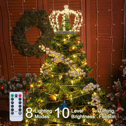 LAWOHO Christmas Tree Topper Star, Jeweled Crown with 60 Warm White LED USB Lighted Tree Topper, Xmas Tree Decor with Remote Control 8 Lighting Mode, Timer, Dimmer for Christmas Tree Ornament（Silver）