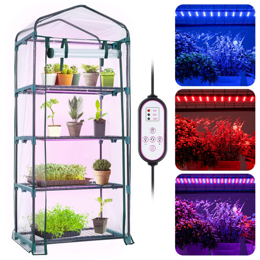 Meonum Indoor Greenhouse with LED Grow Lights, 4 Tier Mini Greenhouse with Roll-Up Zipper PVC Waterproof Cover and Trays, Dimmable Plant Grow Light for Indoor Plant with Timer, 27 L X 19 W X 63 H