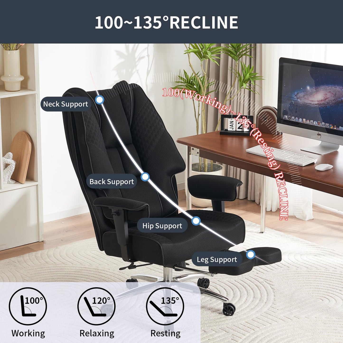 EXCEBET Big and Tall Office Chair 400lbs Wide Seat, Leather High Back Executive Office Chair with Foot Rest, Ergonomic Chairs Lumbar Support for Lower Back Pain Relief (Mesh Black)