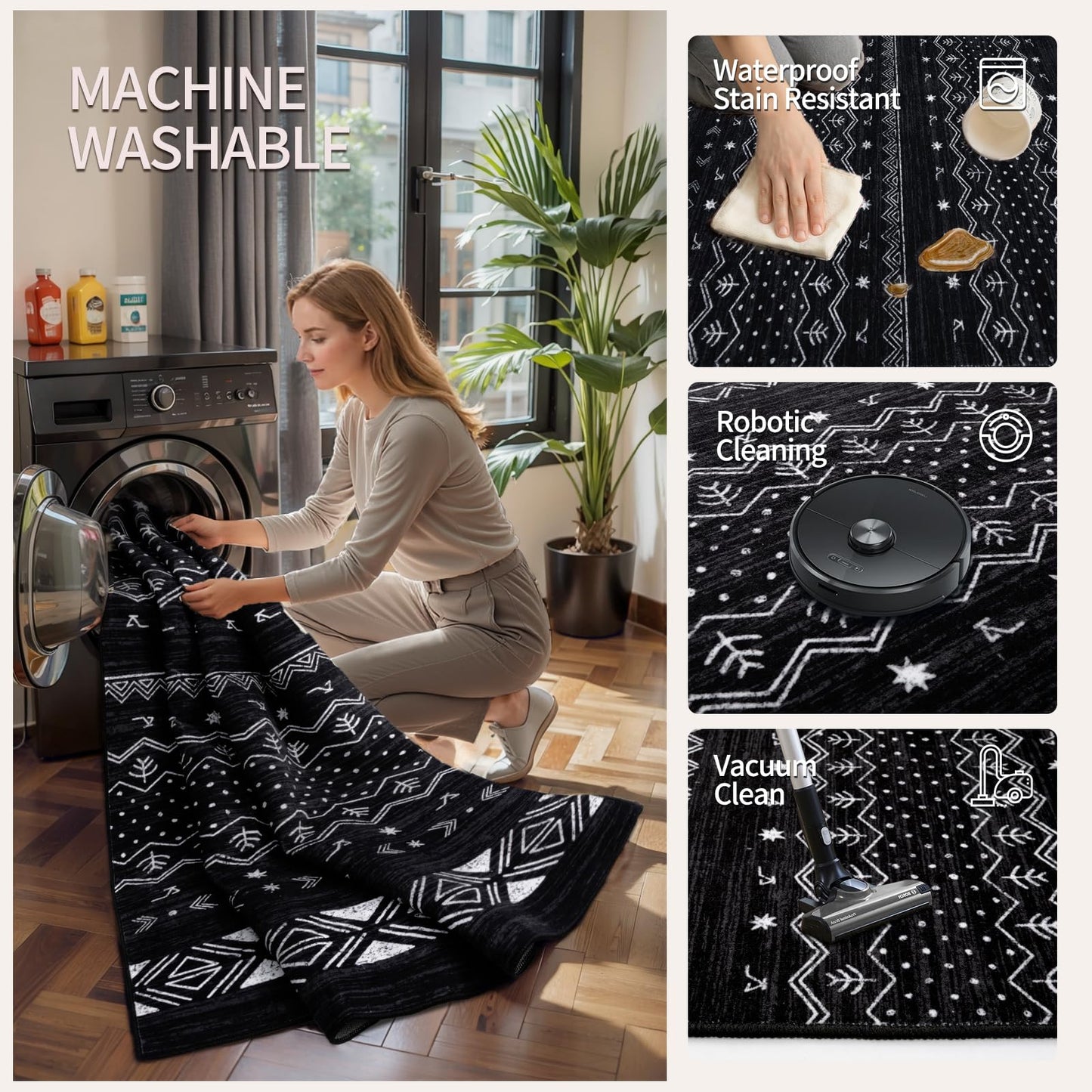 SERISSA 6x9 Area Rugs for Living Room, Washable Non-Slip Black and White Boho Rug, Soft Low-Pile Geometric Indoor Large Carpet for Dining Room Bedroom Home Office Playroom