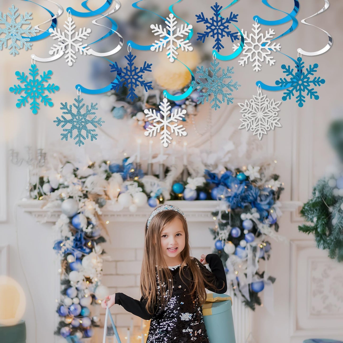 Winter Snowflake Hanging Swirl Decorations, 30Pcs Christmas Glitter Snowflakes Hanging Swirls Ornaments Ceiling Streamers for Xmas Winter Wonderland Frozen New Year Wedding Baby Shower Party Supplies