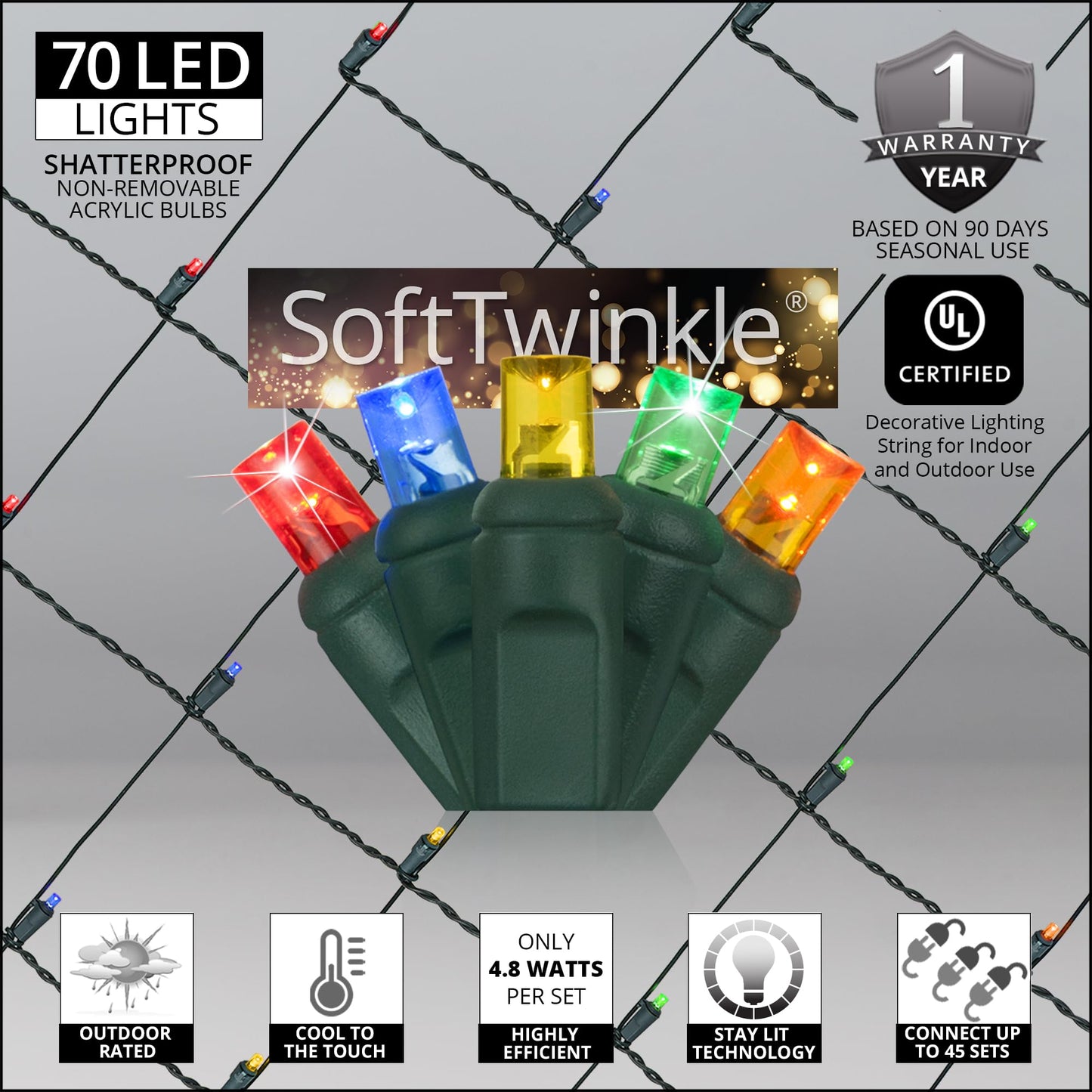 Wintergreen Lighting SoftTwinkle Pulsing Net Twinkle Lights, Outdoor Twinkling Christmas Lights, Green Wire (70 Lights, 4’ x 6’ Net, Multicolor)