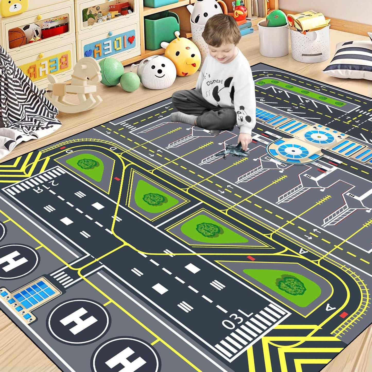 Xyrjova Play Rug for Kids Playroom 31''x47'' Airport Playmat Airplane Rug Airport Carpet with City Road Traffic System and Aircraft Runway，Non-Slip Washable Classroom Rugs Car Rugs Airports Mat