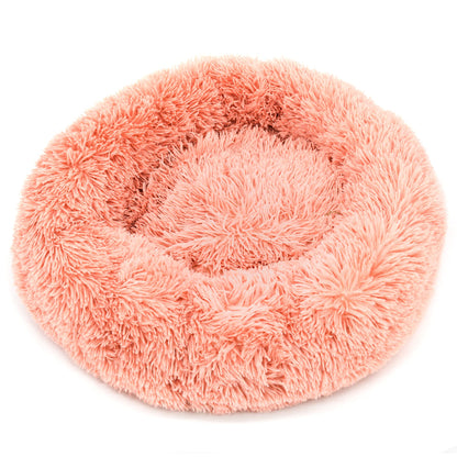 Fur & Bone Round Plush Donut Dog Cat Bed | Fluffy Cuddler Pet Cushion Self-Warming Beds | Washable Dog Bed with Non-Slip and Waterproof Bottom Calming Dog Bed - (60cm, Pink)