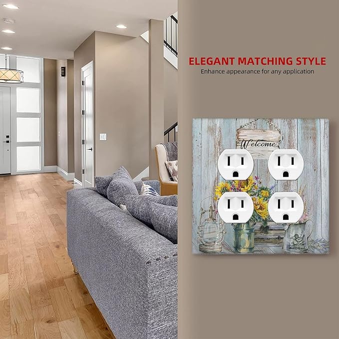 Decorative Light Switch Cover Plate Country Flower Vintage Wood Board Sunflower Butterfly 2 Gang Socket Covers Double Duplex Wallplates Switch Plates and Outlet Covers for Bathroom Home Decor