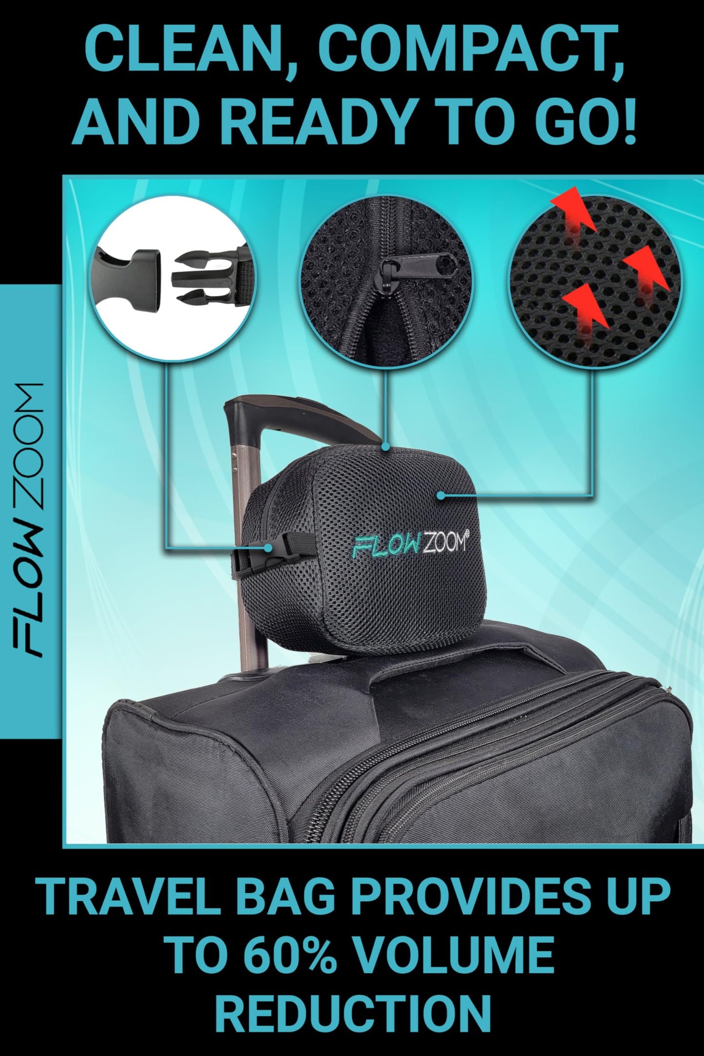 FLOWZOOM Memory Foam Travel Pillow for Airplanes & Car Rides – Adjustable Airplane Pillow with 360° Chin and Neck Support for Comfy Naps, Extra-Soft Washable Neck Pillow Cover, Squeezy Mesh Bag – Grey