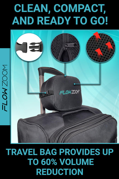 FLOWZOOM Memory Foam Travel Pillow for Airplanes & Car Rides – Adjustable Airplane Pillow with 360° Chin and Neck Support for Comfy Naps, Extra-Soft Washable Neck Pillow Cover, Squeezy Mesh Bag – Grey