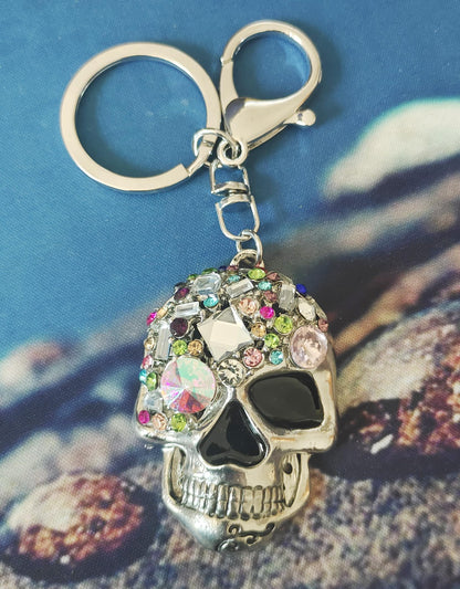 JIAHATE Skull Keychains for Women,Inlaid Multicolor Rhinestone Skull Key CharmTrendy and Punk Style Skeleton Head Key Chain Unisex Gift