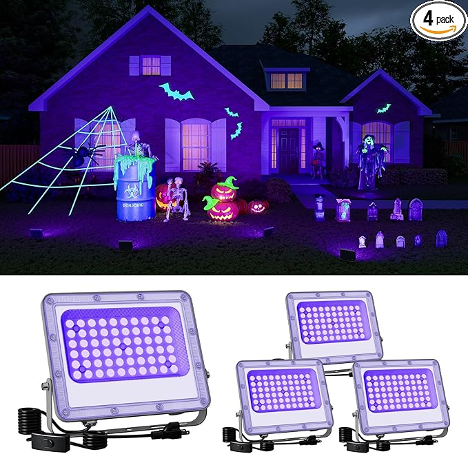 4 Pack 50W Halloween Blacklight Flood Lights Wired 120V IP66 Waterproof UV Led Black Lights for Holiday Decor, Skeleton, Bat, Witch, Body Paint, Glow Party, Purple Ambiance Lighting for Wall, Yard