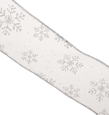 Morex Ribbon 7405.60/50-701 Snowflake 2.5" X 50 YD Nylon Sheer Wired Glitter Ribbon, White/Silver, Ribbon Art Supplies for Christmas Decorations, Indoor Christmas Ribbon for Gift Wrapping Art Set