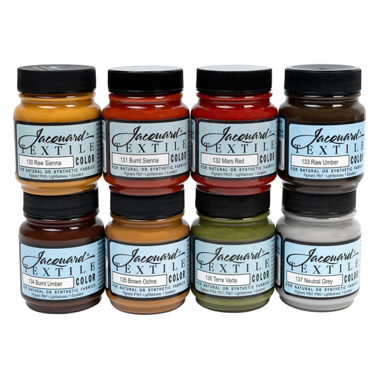 Jacquard Textile 8 Color Earth Tone Colors Set - Permanent Fabric Paint for Clothes - Furniture Upholstery, Shoes or Tote Bags – Indoor & Outdoor Fabric Paint Set - 2.25 Oz Jars, Upholstery Fabric paint