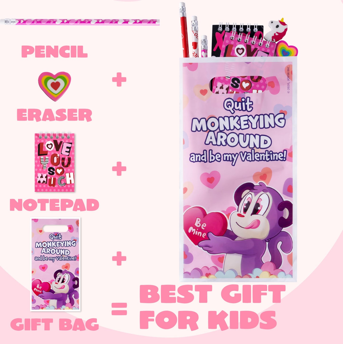 JOYIN 24packs Valentines Day Stationery Gifts, 96pcs Party Favor with Pencil, Erasers, Notebook & Bags for Kids School Classroom Exchange Supplies