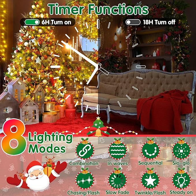 XURISEN Christmas Lights Outdoor 197FT 500 LED Green Wire String Lights 8 Modes with Timer Memory Waterproof Fairy Light Plug in for Xmas Tree Wedding Yard Party Holiday Decorations(Warm White)