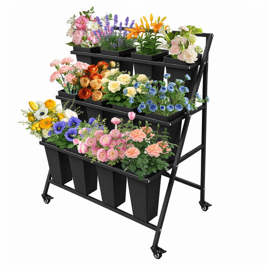 PROLEE Flower Stand with 12 Buckets, Flower Display Stand with Wheels, Flower Cart, Moving Florist Bouquet Shelf, Triangular, Black