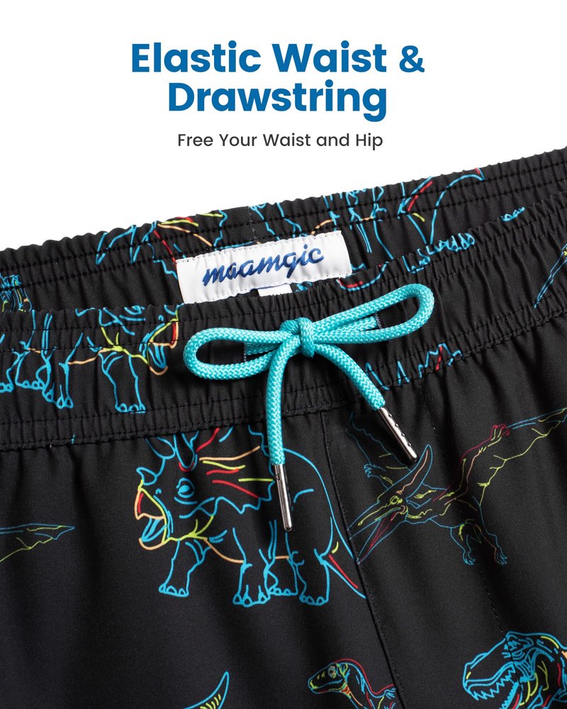 maamgic Mens Swim Trunks with Compression Liner 5 Inch, Quick Dry Bathing Suit with Zipper Pockets, Stretch No-Chafing Swim Shorts, Black-Colorful Dinosaur Small