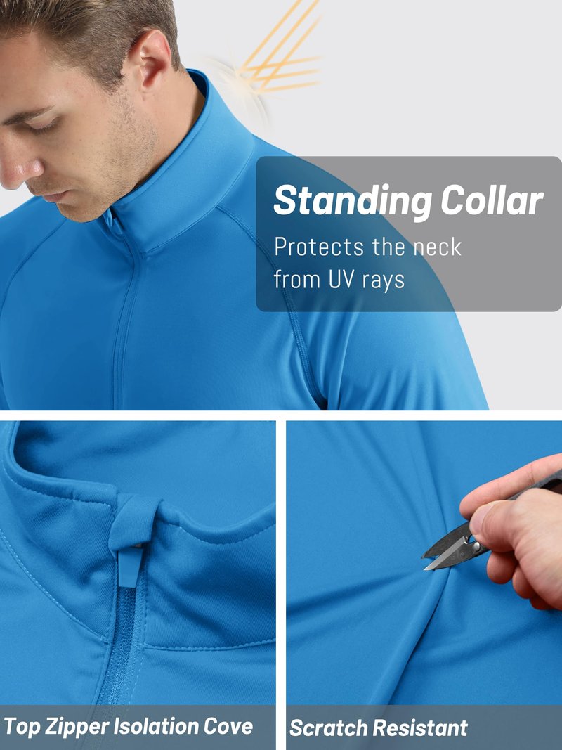 TACVASEN Long Sleeve Swim Shirt for Men Rashguard Quick Dry Fit 1/4 Zip Pullover Athletic Beach Shirts for Sun Protection Workout T-Shirt Blue