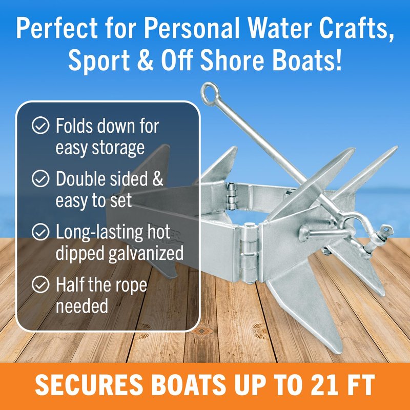Better Boat 13lb Box Anchor for Boats up to 21ft, Folding Boat Anchor Hot Dip Galvanized, Double Sided Slide Anchor for Pontoon and Fishing Boats, Collapsible