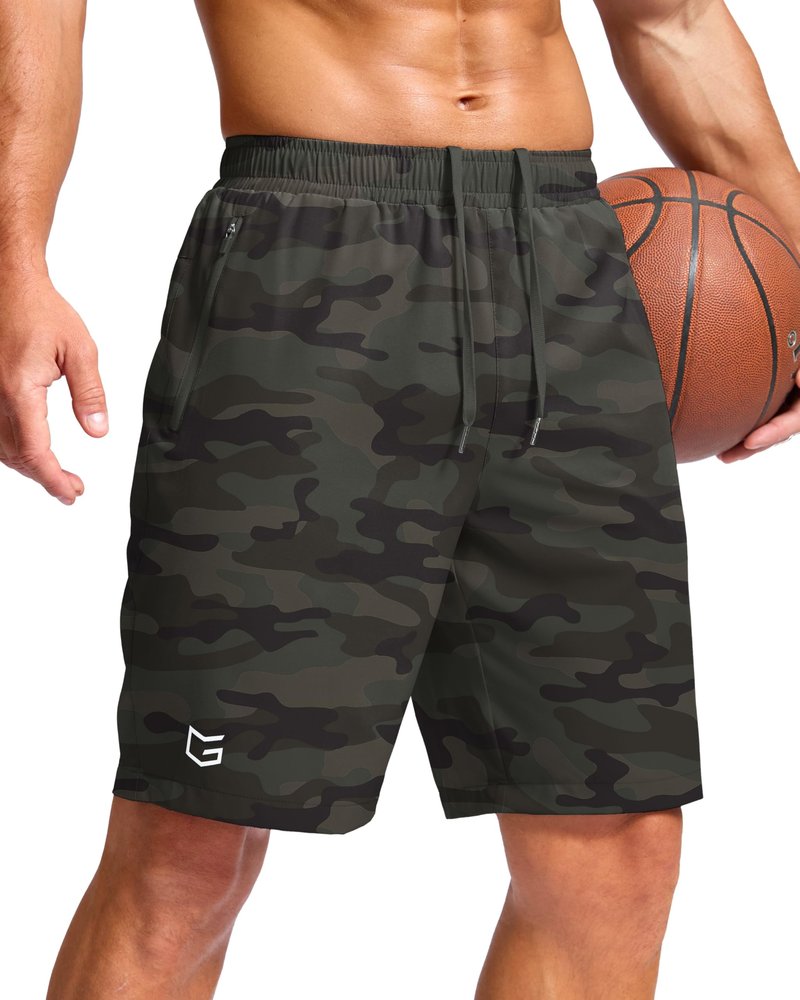 G Gradual Men's Athletic Running Shorts with Zipper Pockets Quick Dry 7"/ 5"/ 9" Workout Gym Shorts for Basketball Hiking(Green Camo,9M)