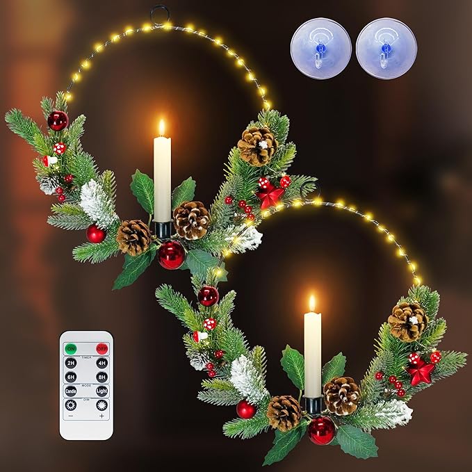 2Pack Christmas Wreaths for Front Door with Lights & Flickering LED Taper Candles & Remote, 16'' Windows Wreaths, Fireplace Christmas Decorations - Red
